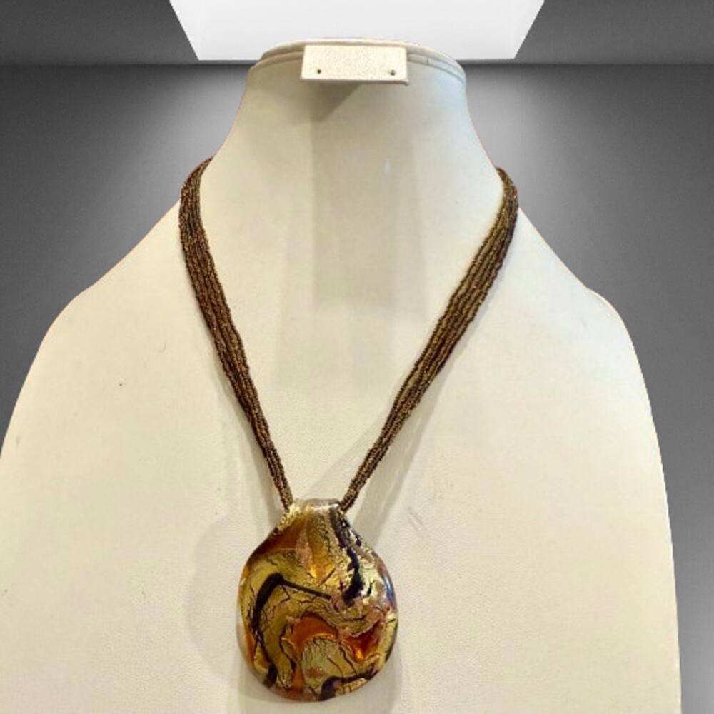🎉HP!🎉Authentic Murano Stamped Gold Black Amber Glass Pendant - Picture 7 of 8